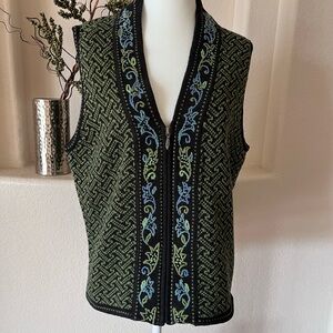 Nomadic Traders Embroidered Floral Cotton Zip-up Sweater Vest Nordic Fair Isle